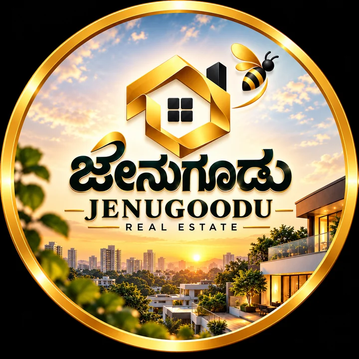 Jenugoodu Real Estate logo with golden bee, house and sunset